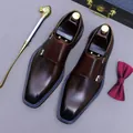 Men's double monk strap shoes in dark brown genuine leather with gradient finish - EU 37 / Coffee