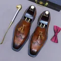 Brown leather brogue loafers for men with decorative tassels and vintage gradient finish - EU 38 / Brown (Blue Edge)