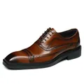Formal brown leather cap-toe Oxford shoes with brogue details and burnished finish - EU 38 / Brown (Black Edge)