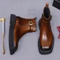 Stivali da uomo in pelle marrone sfumata con fibbia in metallo e cerniera laterale - EU 37 / Marrone Vintage