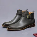 Men's premium leather boots in dark olive with decorative metal buckle and heel pull - EU 37 / Gravel Gray