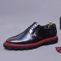 Men's burgundy oxford leather shoes with brogue detailing and thick red-black rubber soles - EU 37 / Patina Brown