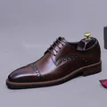 Men's dark brown leather derby shoes with vintage rivets and cap toe design - EU 37 / Coffee