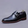 Classic black leather monk strap men shoe with vintage wood-grain sole and red stitching - EU 37 / Black