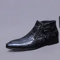 Men's black pointed toe ankle boots with crocodile embossed leather and side zipper - EU 37 / Black