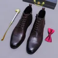 Dark brown leather business boots for men with lace-up style and side zipper design - EU 42 / Coffee