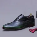 Dunkelgrüne Leder-Oxfordschuhe mit Farbverlauf und handgemachter Laser-Blumengravur - EU 37 / Dunkelgrün