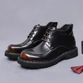 Retro burnished leather men's derby boots with chunky rubber soles and lace-up design - EU 37 / Patina Brown