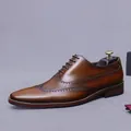 Classic brown leather wingtip brogue oxfords for men with detailed engraving - EU 37 / Brown