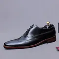 Men's black leather brogue oxford shoes with classic wingtip carving and brown sole detail - EU 37 / Black