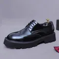 Polished black leather men's wingtip brogues with thick platform soles and lace-up design - EU 37 / Black