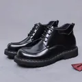 Men's black glossy leather boots with classic laces and thick non-slip rubber soles - EU 37 / Black