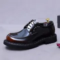 Men's dark brown leather derby shoes with glossy finish and platform rubber soles - EU 37 / Patina Brown