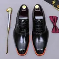 Polished black leather oxfords with orange sole detail and bespoke printed toes - EU 37 / Black