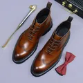 Men's brown wingtip leather brogue boots with non-slip thick soles in a luxury style - EU 37 / Brown