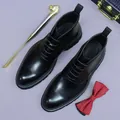 Classic black leather business boots with brogue detailing and lace-up mid-top design - EU 37 / Black