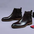 Deep brown leather Chelsea boots with polished finish, metal zipper and buckle details - EU 37 / Coffee