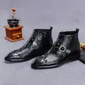 Men's black crocodile pattern leather boots with gold buckle and side zipper - EU 37 / Black