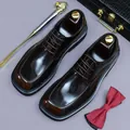 Polished brown leather derby shoes for men with square toe and lace-up design - EU 37 / Brown