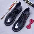 Men's black glossy leather Brogue boots with stylish wingtip carving and lace-up design - EU 37 / Black