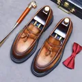 Brown leather tassel loafers for men with vintage gradient finish and thick rubber sole - EU 37 / Brown
