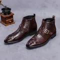 Men's dark brown leather ankle boots with embossed crocodile texture and side zipper - EU 37 / Burgundy