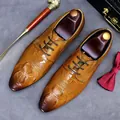Brown crocodile leather men's dress shoes with vintage gradient finish and derby laces - EU 37 / Brown