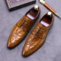 Brown embossed leather oxford dress shoes for men with woven detail on gray background - EU 37 / Brown