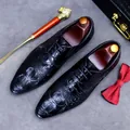 Men's formal black leather derby shoes with elegant crocodile texture and lace-up design - EU 37 / Black