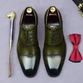 Olive green gradient leather oxford shoes with cap-toe design and polished finish - EU 37 / Green