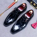 Polished black patent leather monk strap shoes with buckle and moccasin stitching - EU 37 / Black