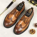 Brown leather wingtip brogue shoes for men featuring gradient finish and thick soles - EU 37 / Brown