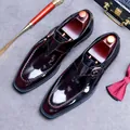 Polished burgundy patent leather monk strap shoes with buckle and square toe - EU 37 / Burgundy