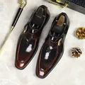 Scarpa monk da uomo in pelle lucida marrone rossiccio scuro con elegante finitura patinata - EU 37 / Borgogna