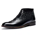 Men's black patent leather pointed boots with ostrich texture and front zipper - EU 37 / Black