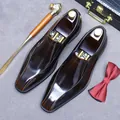 Polished dark brown leather oxfords with square toe and elegant formal suit accessories - EU 37 / Patina Brown