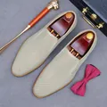 Men's summer breathable hollowed beige leather loafers with premium business styling - EU 37 / Off White