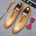 Classic light brown leather cap-toe oxford shoes for men with gradient tan finish - EU 37 / Earthy Yellow