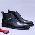 Men's black genuine leather monk strap boots featuring elegant script embossing details - EU 37 / Black