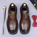 Formal brown leather single monk strap shoes with a classic square toe for men - EU 37 / Coffee