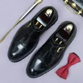 Polished black leather single monk strap shoes with gold buckle and red bow tie accessory - EU 37 / Single Buckle Style / Black