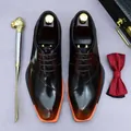 Brown leather derby shoes with glossy finish and orange contrast sole for men - EU 38 / Coffee