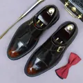 Deep brown gradient double monk strap shoes in high-gloss finish with gold buckles - EU 37 / Double Buckle Style / Patina Brown