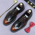 Men's burnished wingtip brogues in brown leather with classic decorative perforations - EU 38 / Patina Brown