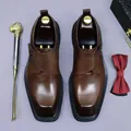Men's square toe leather shoes in dark brown with premium wood shoe trees - EU 37 / Coffee