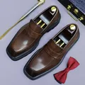 Brown leather square toe loafers for men featuring a high-gloss finish and classic style - EU 37 / Coffee