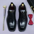 Classic black leather monk strap dress shoes with elegant buckle and square toe for men - EU 37 / Black