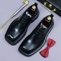 Men's formal square toe black leather shoes with glossy finish and lace-up closure - EU 37 / Black