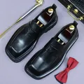 Men's black genuine leather square-toe loafers with decorative patch and premium finish - EU 37 / Black