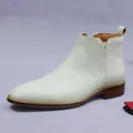 Sleek off-white leather Chelsea boots for men with side V-cut design and wooden heel - EU 37 / Off White